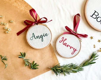 First name Christmas tree decoration | personalized heirloom ornament in classic colors | embroidered linen fabric hoop with ribbon hanger