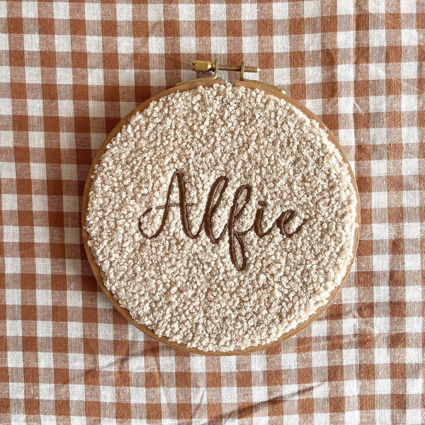 First name gender neutral embroidered hoop, beige teddy fabric wall hanging, hospital baby name announcement, nursery bedroom door sign