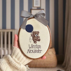 Oval baby name sign embroidered with a Teddy and balloon | baby name announcement and nursery shelf decor - gender neutral/ baby boy