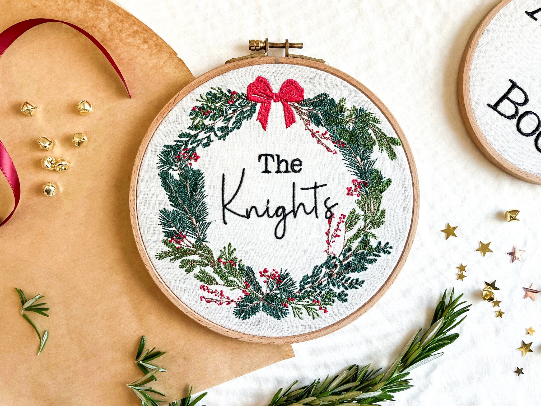 Christmas wreath with family name | personalized front door or wall hanging | embroidered linen