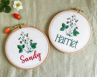 Woodland baby name wall hanging with strawberries, personalized cottagecore nursery decor, whimsical newborn gift, embroidered linen