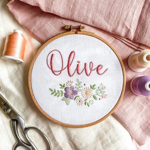 Floral nursery wall hanging embroidered with baby name fabric newborn announcement disc personalized heirloom gift image 5