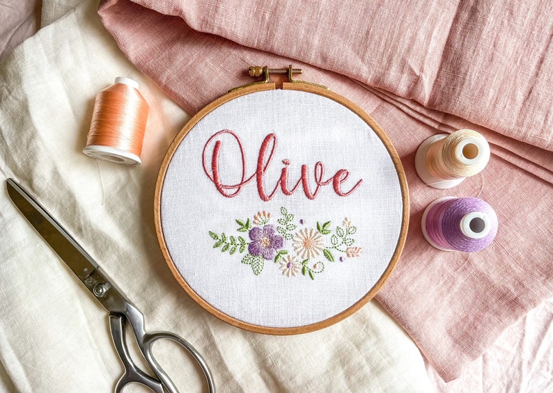 Floral nursery wall hanging embroidered with baby name fabric newborn announcement disc personalized heirloom gift image 5