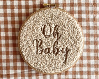 Oh Baby embroidered teddy nursery wall hanging, beige nursery decor, pregnacy announcement, birth baby plaque