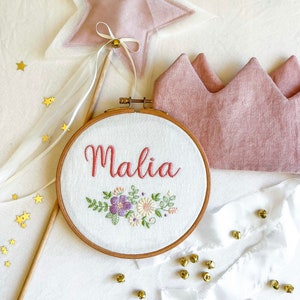 Floral nursery wall hanging embroidered with baby name fabric newborn announcement disc personalized heirloom gift image 2