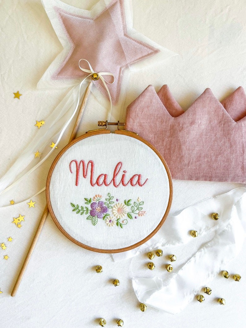 Floral nursery wall hanging embroidered with baby name fabric newborn announcement disc personalized heirloom gift image 2