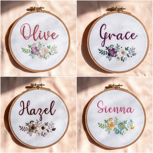 Name embroidery hoop with florals, girl name embroidered sign, newborn announcement, personalized linen fabric nursery wall hanging