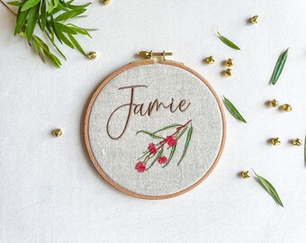 Baby name plaque embroidered with Australian natives, newborn birth announcement disc sign, gender neutral personalized infant nursery decor