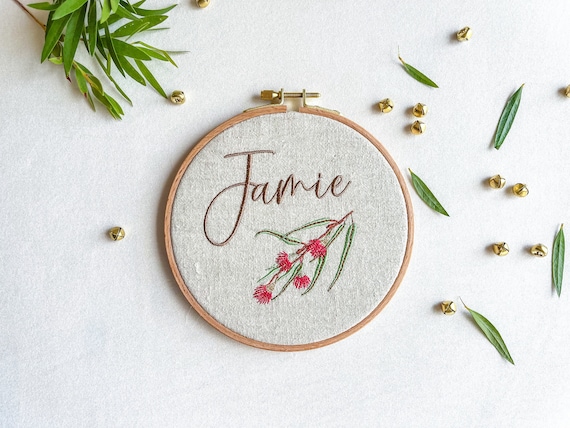 Baby name plaque embroidered with Australian natives, newborn birth announcement disc sign, gender neutral personalized infant nursery decor