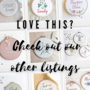 May include: A collection of eight embroidered hoop art pieces with various floral and animal designs. Each hoop features a personalized name and date. The hoops are displayed on a white background with gold stars.