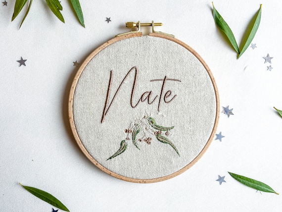 Baby name plaque embroidered with gumnuts and Australian natives, newborn birth announcement sign, gender neutral infant nursery decor