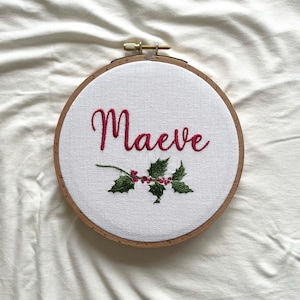 Christmas wall hanging embroidered with first name and holly branch | personalized fabric Xmas decorations for the whole family