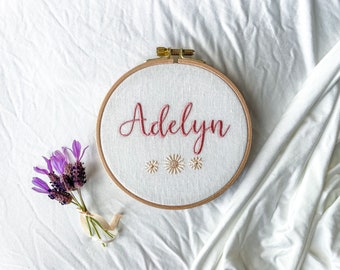 Fabric baby name sign for little girl with flowers | personalized nursery wall or door hanging | birth announcement sign | embroidered linen