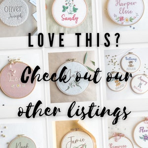May include: A collage of nine embroidered hoop art pieces with various names, dates, and floral designs. The hoops are displayed on a white background with gold glitter.