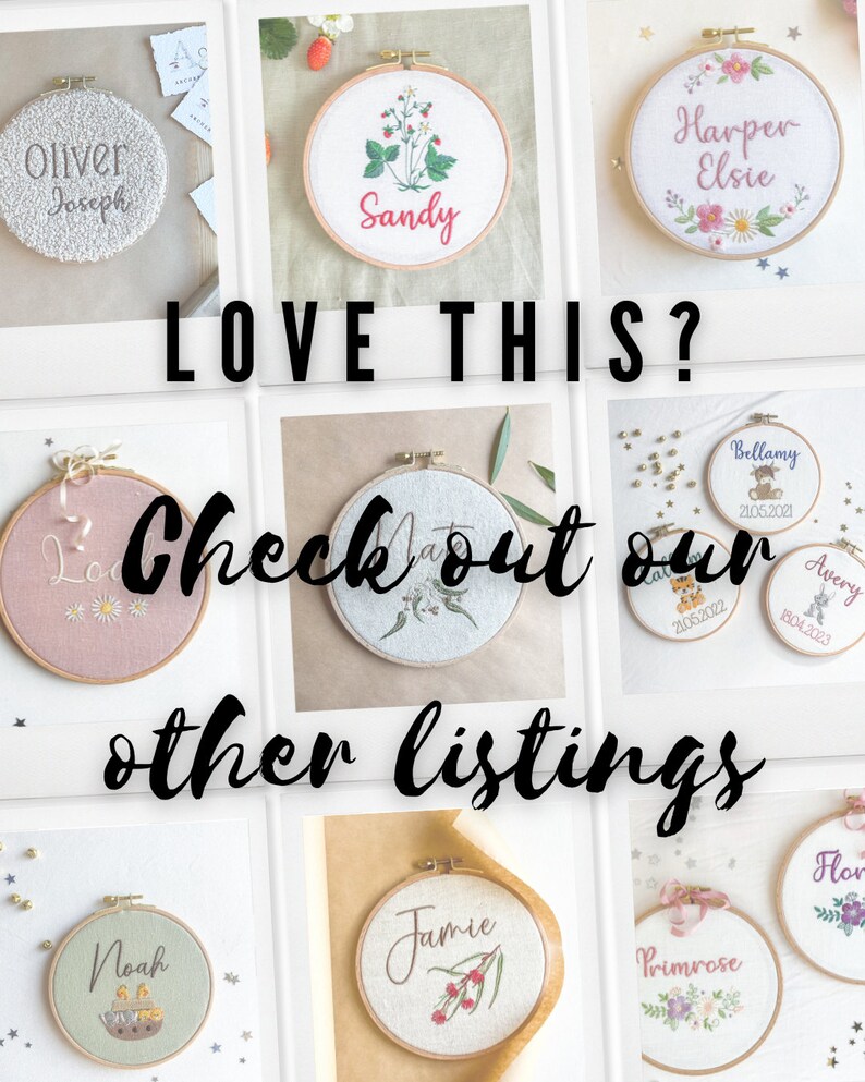 May include: A collage of nine embroidered hoop art pieces with various names, dates, and floral designs. The hoops are displayed on a white background with gold glitter.
