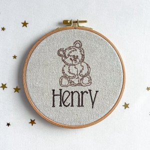 First name wall hanging with Teddy | gender neutral newborn birth announcement and nursery decor | embroidered on linen cotton fabric