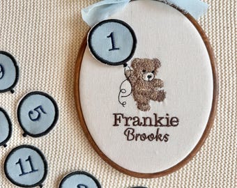 Baby monthly milestone hoop with embroidered teddy, personalised newborn photo prop gift