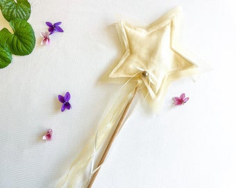 Star fairy wand with gold tulle and shimmery ribbons made from linen and wood | princess dress up accessory | pretend and imaginative play