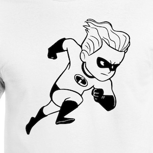 May include: Black and white illustration of a cartoon superhero running. The superhero has a black mask and a symbol on their chest.