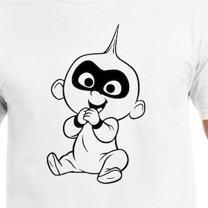 May include: Black and white line drawing of a baby superhero wearing a mask and a onesie, sitting with a big smile on their face.