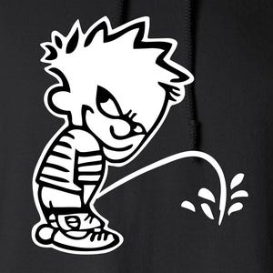 May include: Black hoodie featuring a white graphic of a cartoon boy urinating. The boy is wearing a striped shirt and sneakers. The graphic is a humorous design.