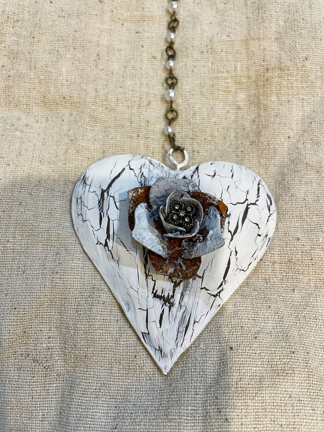 Vintage Heart Decor Heart Ornament L Chippy White Decor Primitive Heart