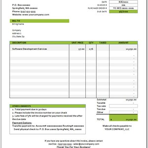 以下が含まれることがあります： 「YOUR COMPANY NAME」というタイトルと黒い枠の中に「請求書」というテキストが書かれた緑と白の請求書テンプレート。請求書には、サービスの説明、単価、数量、税金、金額が記載されています。請求書には、支払い方法と連絡先情報も記載されています。