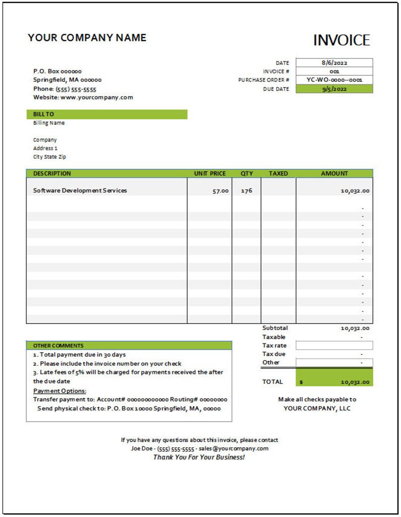 以下が含まれることがあります： 「YOUR COMPANY NAME」というタイトルと黒い枠の中に「請求書」というテキストが書かれた緑と白の請求書テンプレート。請求書には、サービスの説明、単価、数量、税金、金額が記載されています。請求書には、支払い方法と連絡先情報も記載されています。