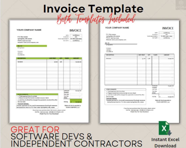 以下が含まれることがあります： ソフトウェア開発者と独立請負業者向けの請求書テンプレート2つ。テンプレートはシンプルでクリーンなデザインで、緑色のアクセントカラーが使用されています。画像の上部には「請求書テンプレート」というテキストが大きく太字で表示されています。タイトルの下には「両方のテンプレートが含まれています」というテキストが小さく太字で表示されています。画像の下部には「ソフトウェア開発者と独立請負業者に最適」というテキストが大きく太字で表示されています。「ソフトウェア開発者と独立請負業者に最適」というテキストの下には「Excelをすぐにダウンロード」というテキストが小さく太字で表示されています。
