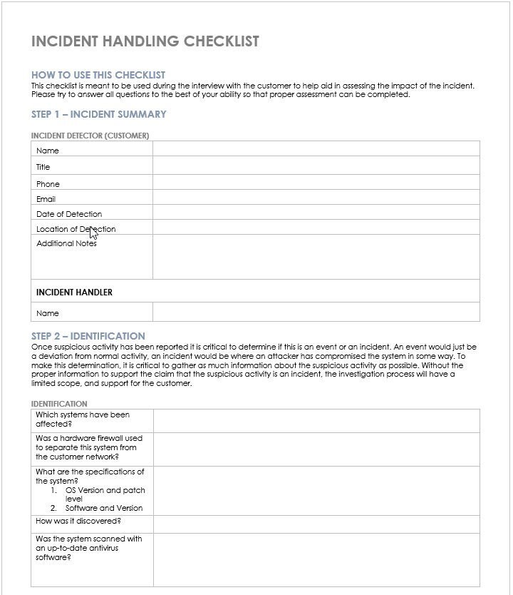 Incident Response Checklist Cyber Event Form Editable Word Docx Instant