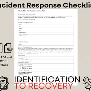 Könnte beinhalten: Eine Checkliste für die Reaktion auf Vorfälle, mit Schritten für die Zusammenfassung von Vorfällen, die Identifizierung und die Wiederherstellung. Die Checkliste trägt den Titel "Incident Response Checklist" und enthält einen Abschnitt für die Behandlung von Vorfällen.