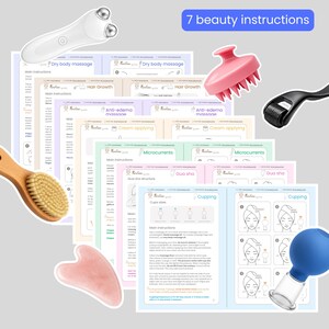 May include: A set of seven beauty instruction cards featuring guides for dry body massage, hair growth, anti-edema massage, cream application, microcurrents, gua sha, and cupping, accompanied by a microcurrent device, pink scalp brush, derma roller, wooden brush, pink gua sha stone, and blue cupping cup.