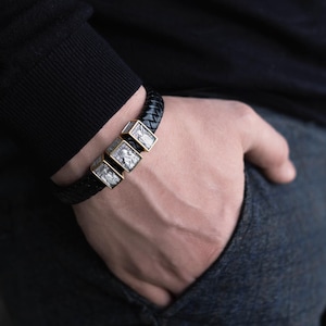 Black Leather Bracelet Sterling Silver Byzantine Thick Bracelet for Him Chunky Braided Orthodox Bracelet for Men