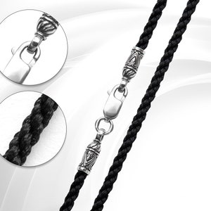 Silk cord with clasp sterling silver 925 Pendant cord necklace for men Black cord necklace for pendant 2,5 mm