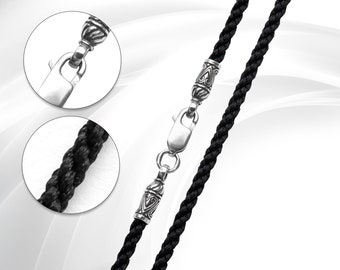 Silk cord with clasp sterling silver 925 Pendant cord necklace for men Black cord necklace for pendant 2,5 mm