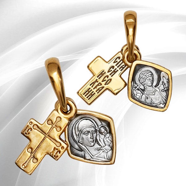 Christian pendant for women Orthodox cross with Virgin Mary pendant icon Necklace Pectoral cross gilding silver Protective pendant for her