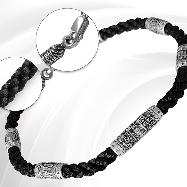 Schwarzes kybernetisches Seidenarmband mit großen gravierten Sterling-Silber-Einsätzen