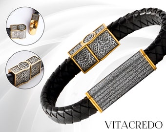 Black Leather Byzantine Bracelet: Sterling Silver Orthodox Psalm