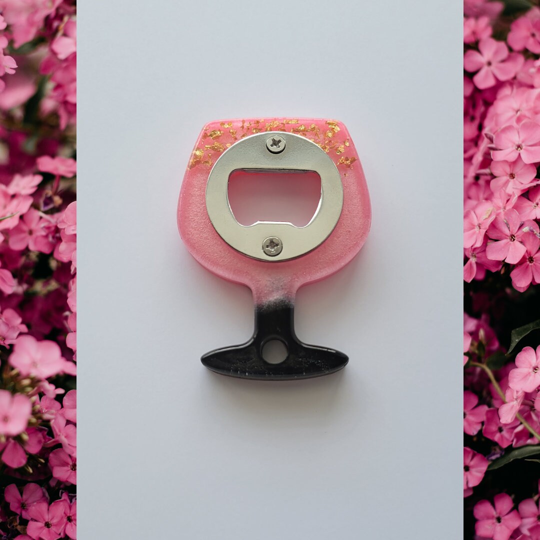 Bottle Opener Wine Glass Pink Wine Glass Bottle Opener Resin Bottle Opener Pink W Gold Flakes Etsy