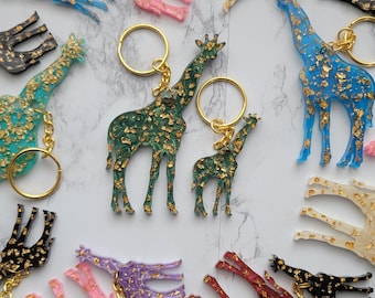 Giraffe Keychain with Gold Flakes, Handmade Resin Animal Keychain