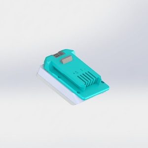 May include: A turquoise blue plastic device with a white base and a small grey button. The device has a label that says "P.O.T."