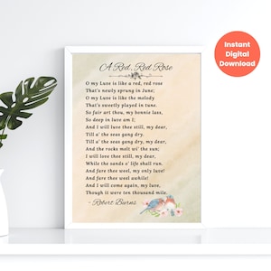 A Red Red Rose Love Poem by Robert Burns, Printable Love Poem, Wedding Reading, Poem Print Wall Art, Various Size Poem Print, Wedding Poetry