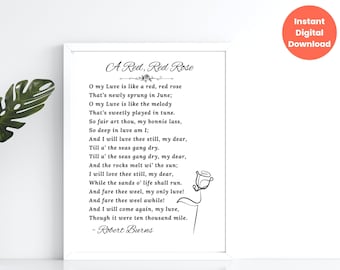 A Red Red Rose Love Poem by Robert Burns, Printable Love Poem, Wedding Poem, Poem Print Wall Art, Various Size Poem Print, Wedding Poetry