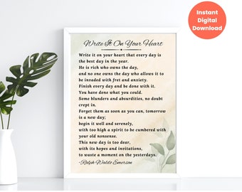 Write It On Your Heart Printable Poem Wall Art, Ralph Waldo Emerson Poem, Inspirational Wall Art, Desk & Wall Decor, Life Poem, Quote Art