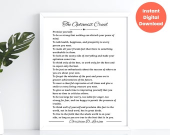 The Optimist Creed Promise Yourself by Christian D. Larson, Inspirational Poem Printable Wall Art, Positive Thinking Quote Various Sizes