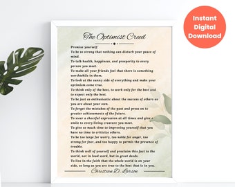 The Optimist Creed Promise Yourself by Christian D. Larson, Inspirational Poem Printable Wall Art, Positive Thinking Quote Various Sizes