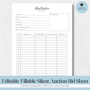 Editable Silent Auction Bid Sheet Template Printable for Fund Raising Events, Fillable Silent Auction Bid Form in US Letter size PDF
