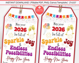 Etiquetas de regalo imprimibles para Año Nuevo 2026, etiquetas de regalo motivacionales editables, etiquetas de recuerdo para Nochevieja, etiquetas de regalo para celebración de clase.