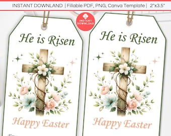 He is Risen Tag Editable, Printable Easter Gift Tag, Religious Christian Favor, Sunday School Church Easter Sunday Party Favor Gift Label