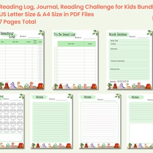 Reading Log Tracker für Kinder druckbares niedliches Dinosaurier-Thema, Lesejournal, Buchbesprechung, 30 Tage Lese-Challenge-Bundle, Briefpapier